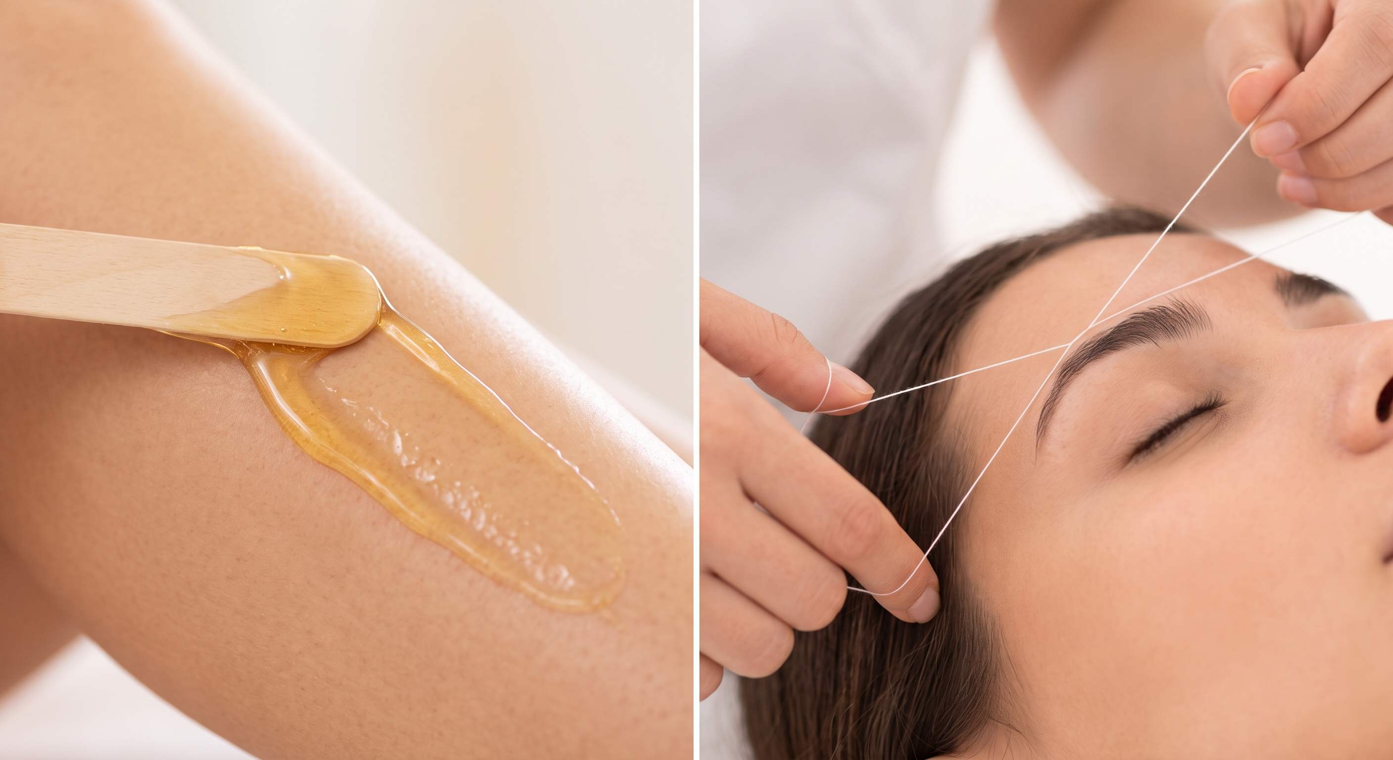 Split image: waxing an arm with a wooden spatula on the left, eyebrow threading with cotton thread on the right